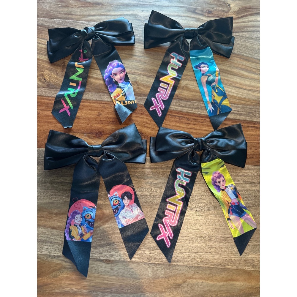 Valorant HUNTR Hair Bow Set 4pc Black Satin Graphic Ribbon Game Merch Kids Girls